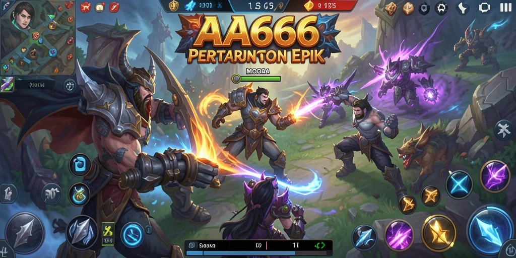 Screenshot gameplay AA666 yang menunjukkan aksi MOBA yang intens.