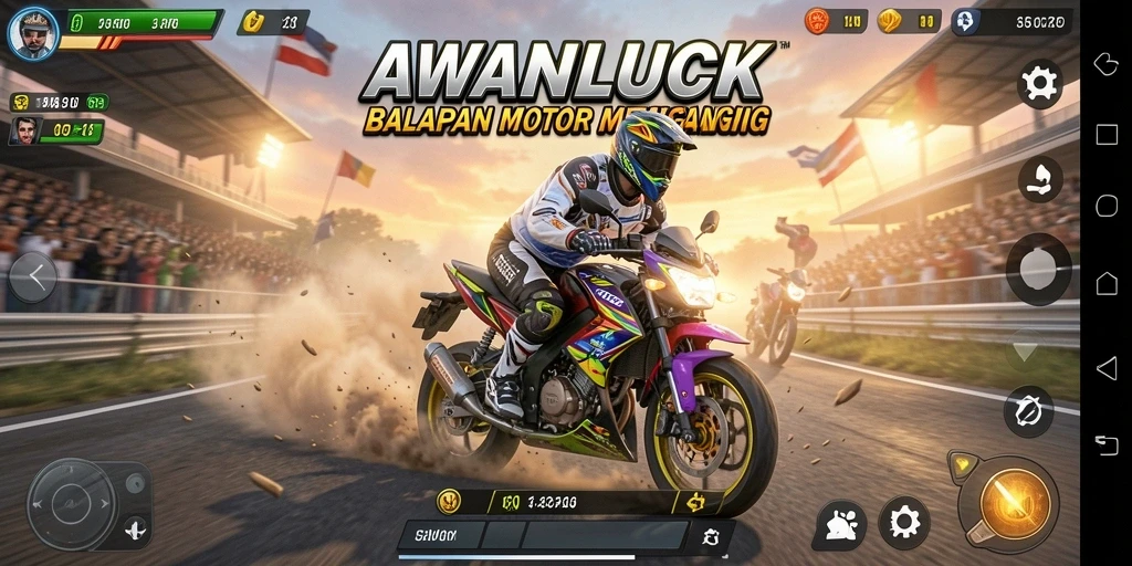 Screenshot gameplay AWANLUCK yang penuh aksi balapan motor.