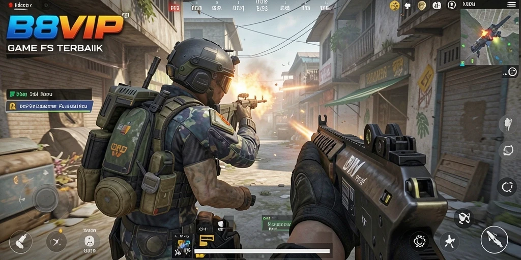 Screenshot B8VIP menunjukkan momen epik dalam pertempuran FPS.