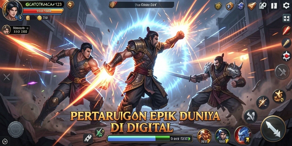 Gambar menampilkan pertarungan intens di GATOTKACA123 dengan karakter yang beraksi.