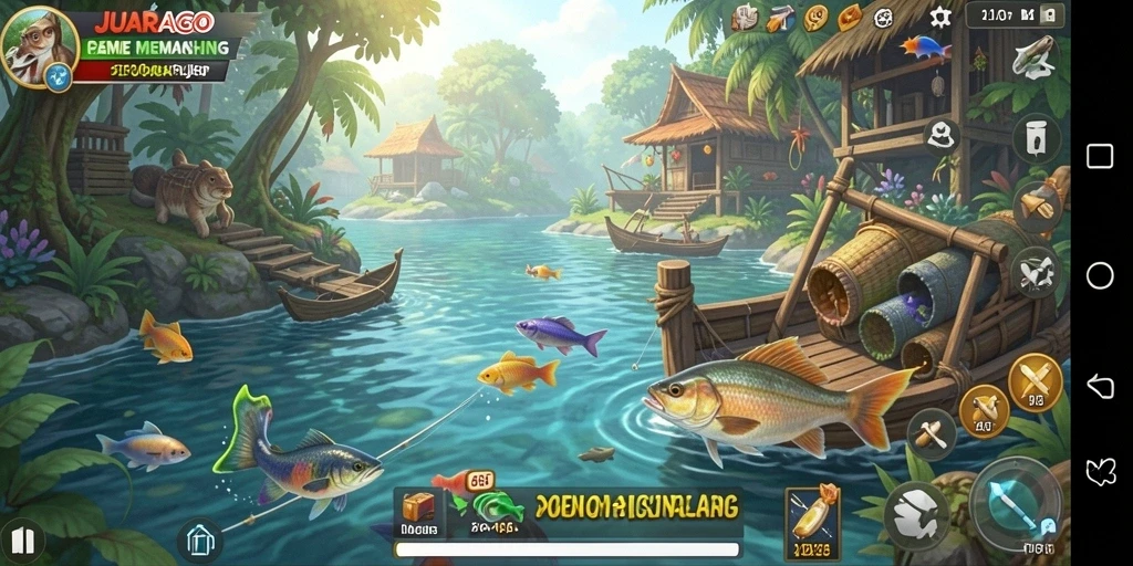 Screenshot gameplay JUARAGO menampilkan aksi memancing yang seru dan menantang.