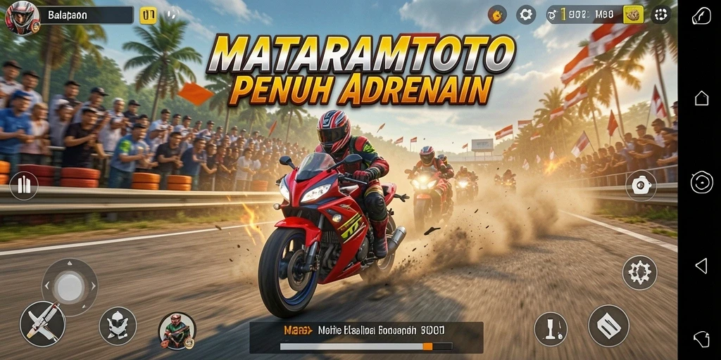 Gameplay seru di MATARAMTOTO dengan balapan motor mendebarkan.
