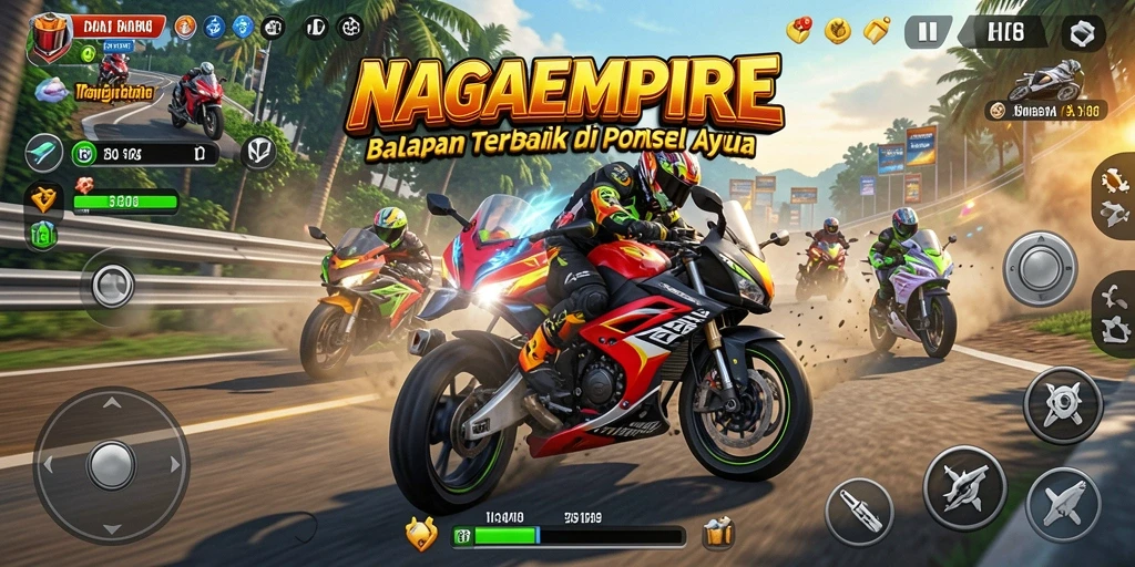 Tampilan gameplay seru dari NAGAEMPIRE dengan aksi balap motor yang mendebarkan.