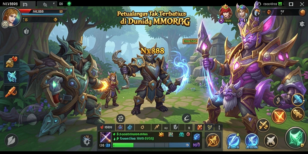Screenshot gameplay NX888 menampilkan pertarungan epik dalam dunia MMORPG.