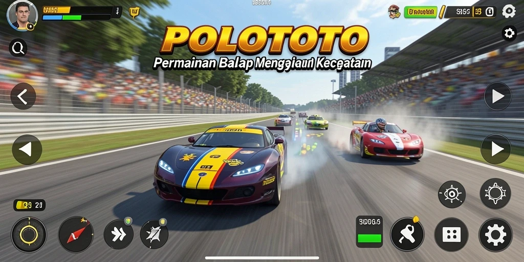 Screenshot utama <strong>POLOTOTO</strong> menampilkan aksi balap yang mendebarkan.